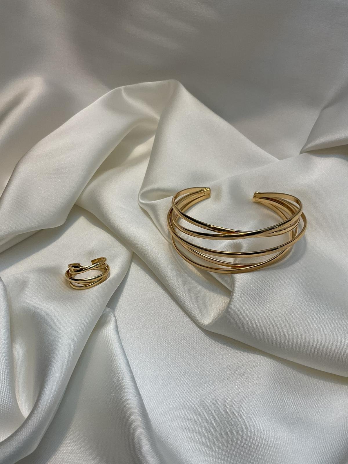 Altın Renk Modern Spiral Kelepçe Bileklik & Yüzük Seti - Görsel 2